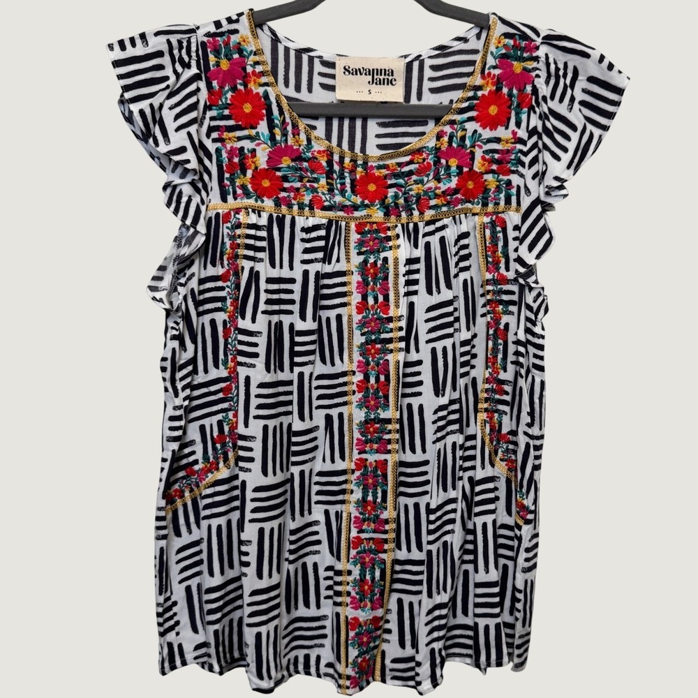 Savanna Jane Womens Blouse S Black White Embroidered Floral Boho Peasant Top